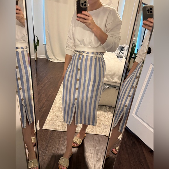 Beachy Casual Linen Striped Blue and White Button-Front Skirt - Picture 11 of 13